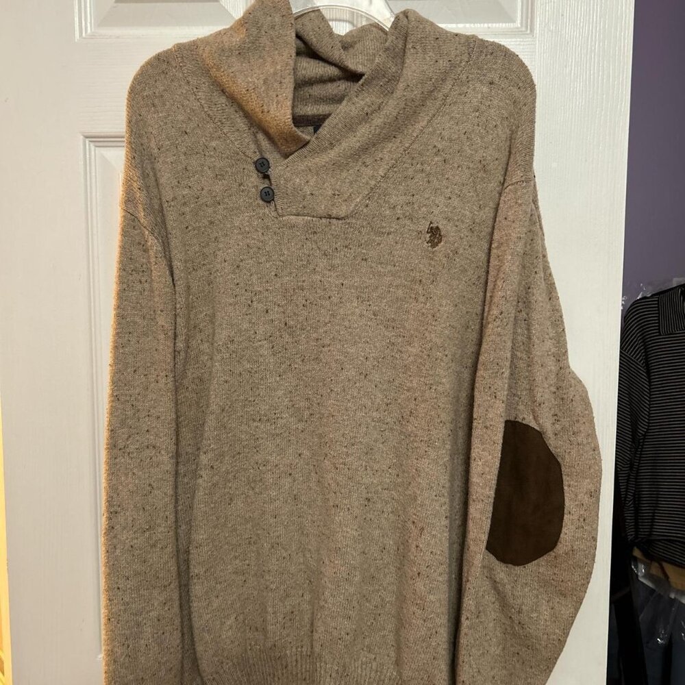 Polo Ralph Lauren Beige Turtleneck Sweater with Brown Elbow Patches